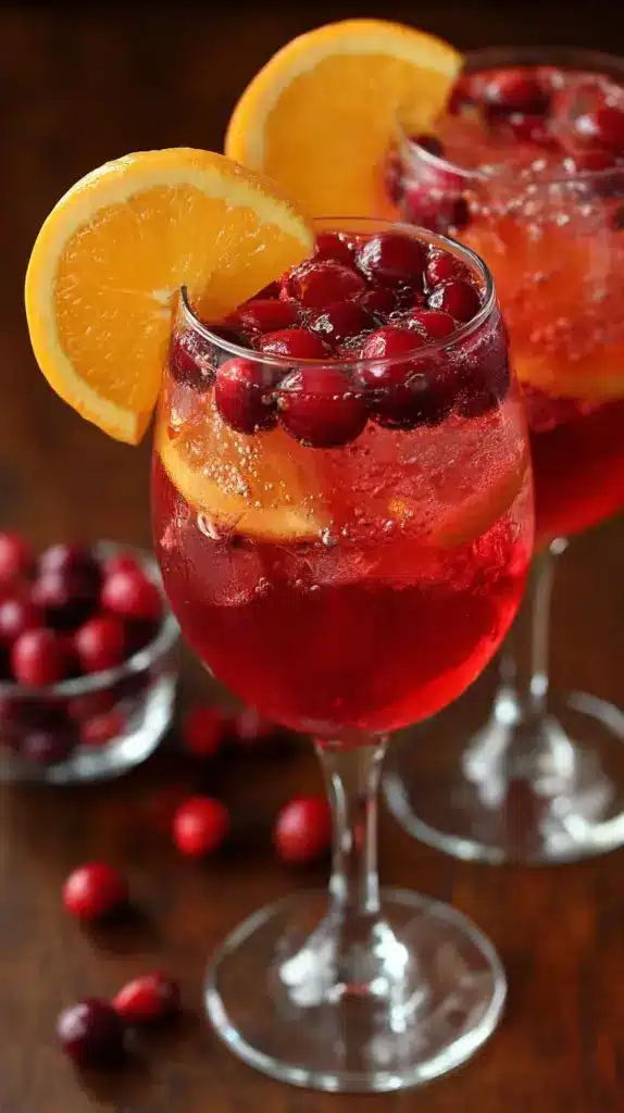 A refreshing Cranberry Orange Spritz cocktail in a glass garnished with an orange slice.