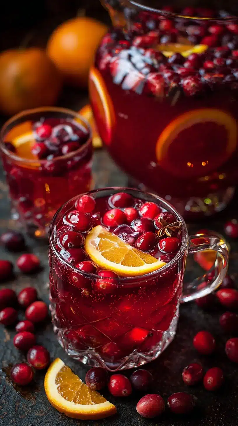 Refreshing cranberry punch in a clear glass with ice and garnished with mint