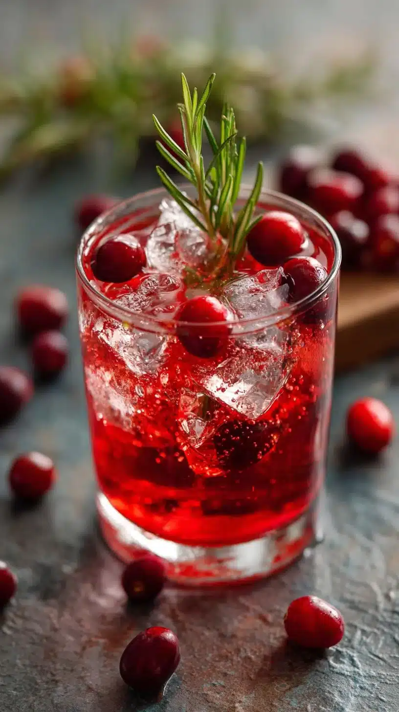 Cranberry Rosemary Spritz cocktail with fresh cranberries and rosemary garnish