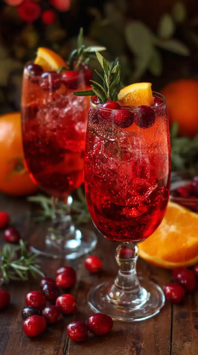 Cranberry Winter Aperol Spritz cocktail garnished with cranberries and orange slice