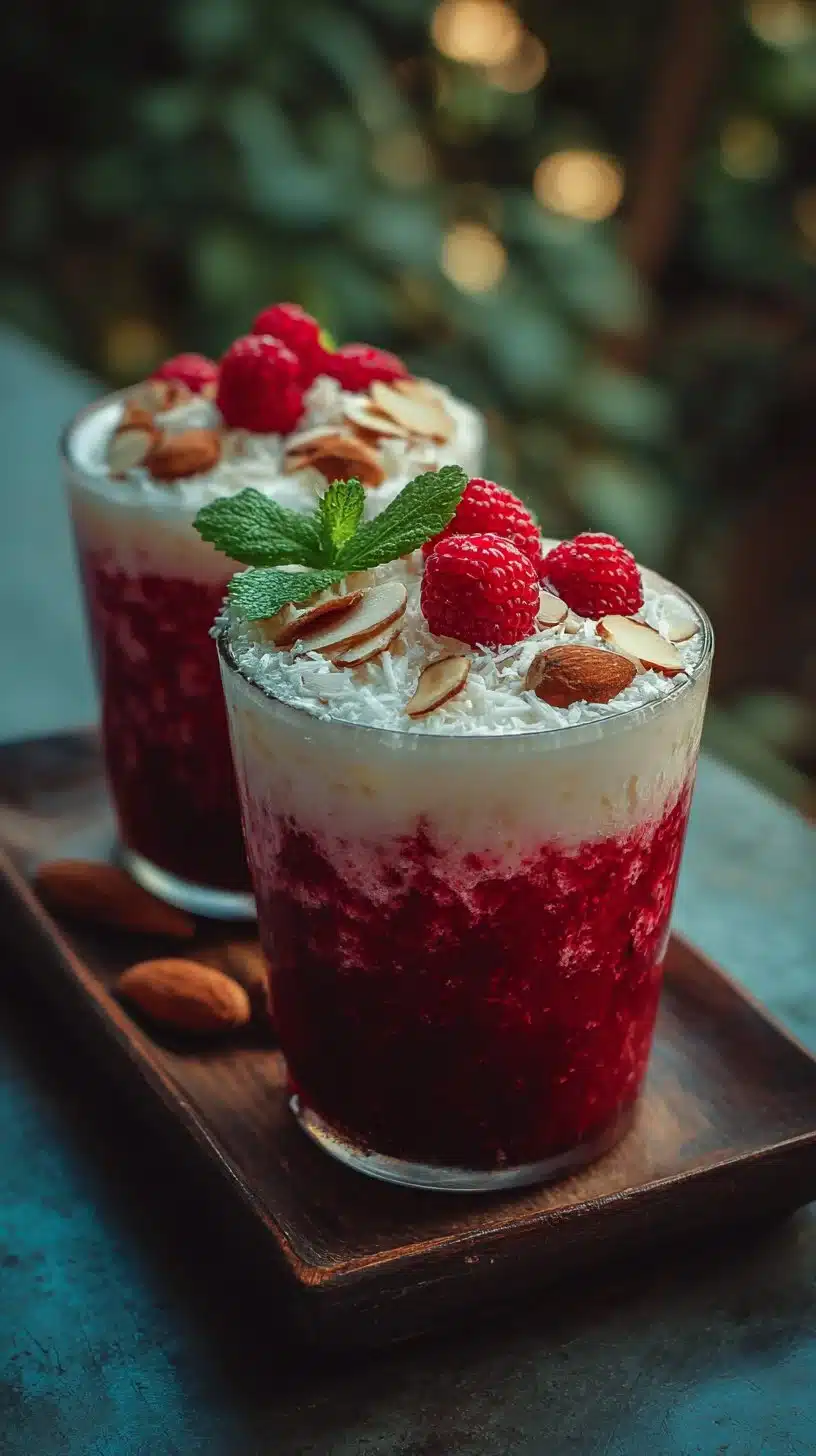 Creamy coconut berry mocktail garnished with fresh berries in a glass