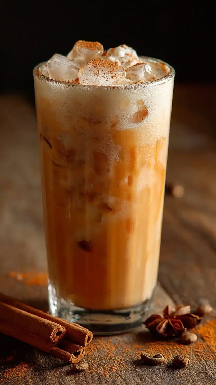 Creamy pumpkin spice iced latte mocktail with autumn spices and whipped cream