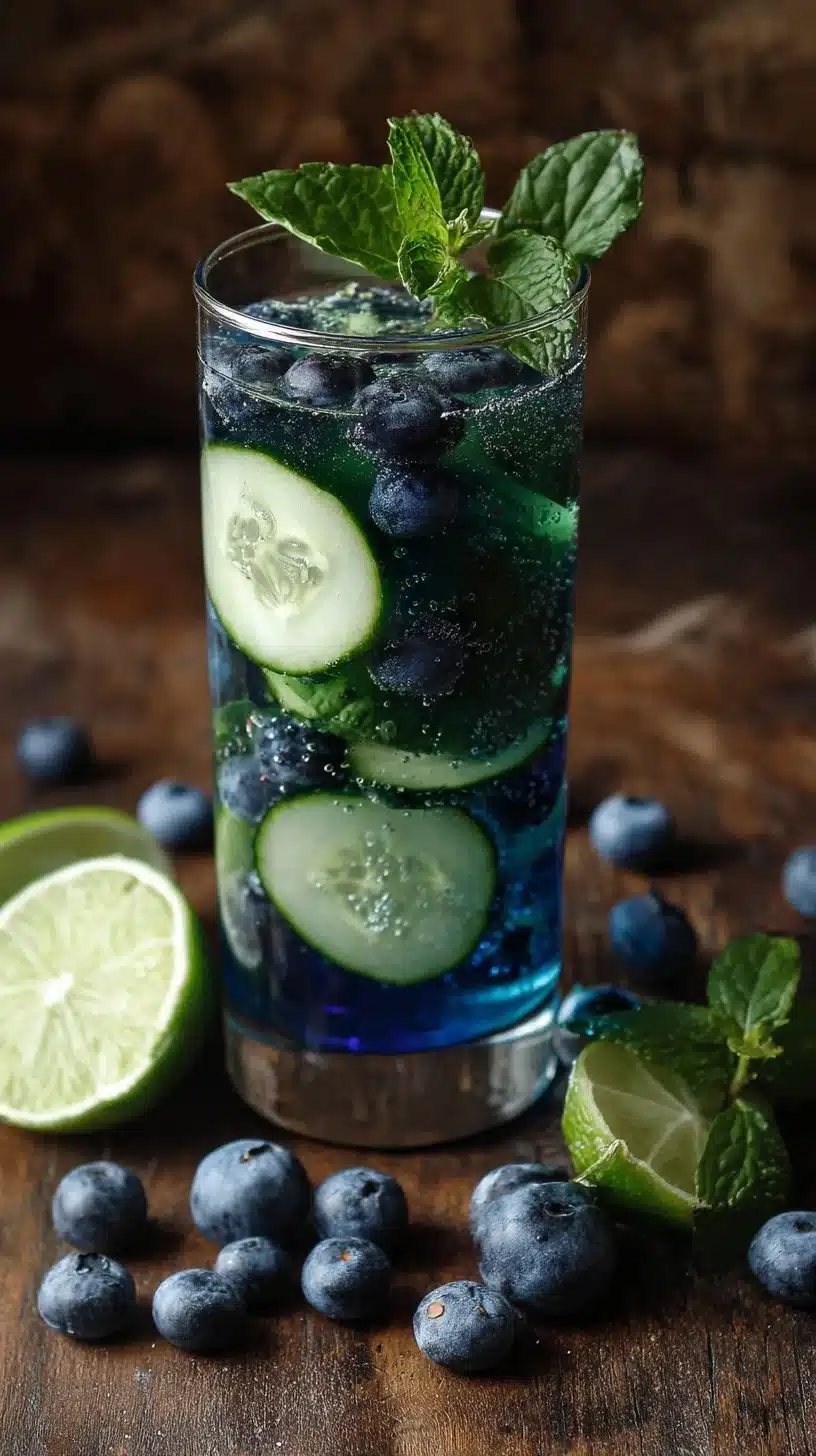 Refreshing Cucumber Blueberry Cooler drink served in a glass with fresh ingredients