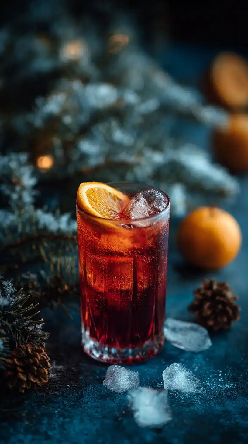 A refreshing Delicious Winter Spritz cocktail garnished with herbs and fruits