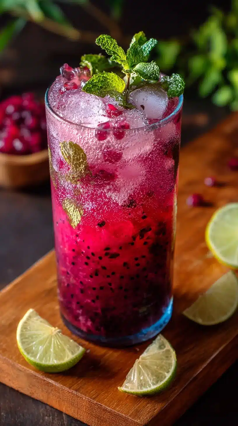 Vibrant dragonfruit mojito mocktail garnished with mint and lime.
