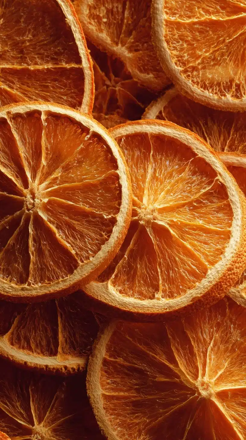 A close-up of beautifully dried orange slices for culinary use.