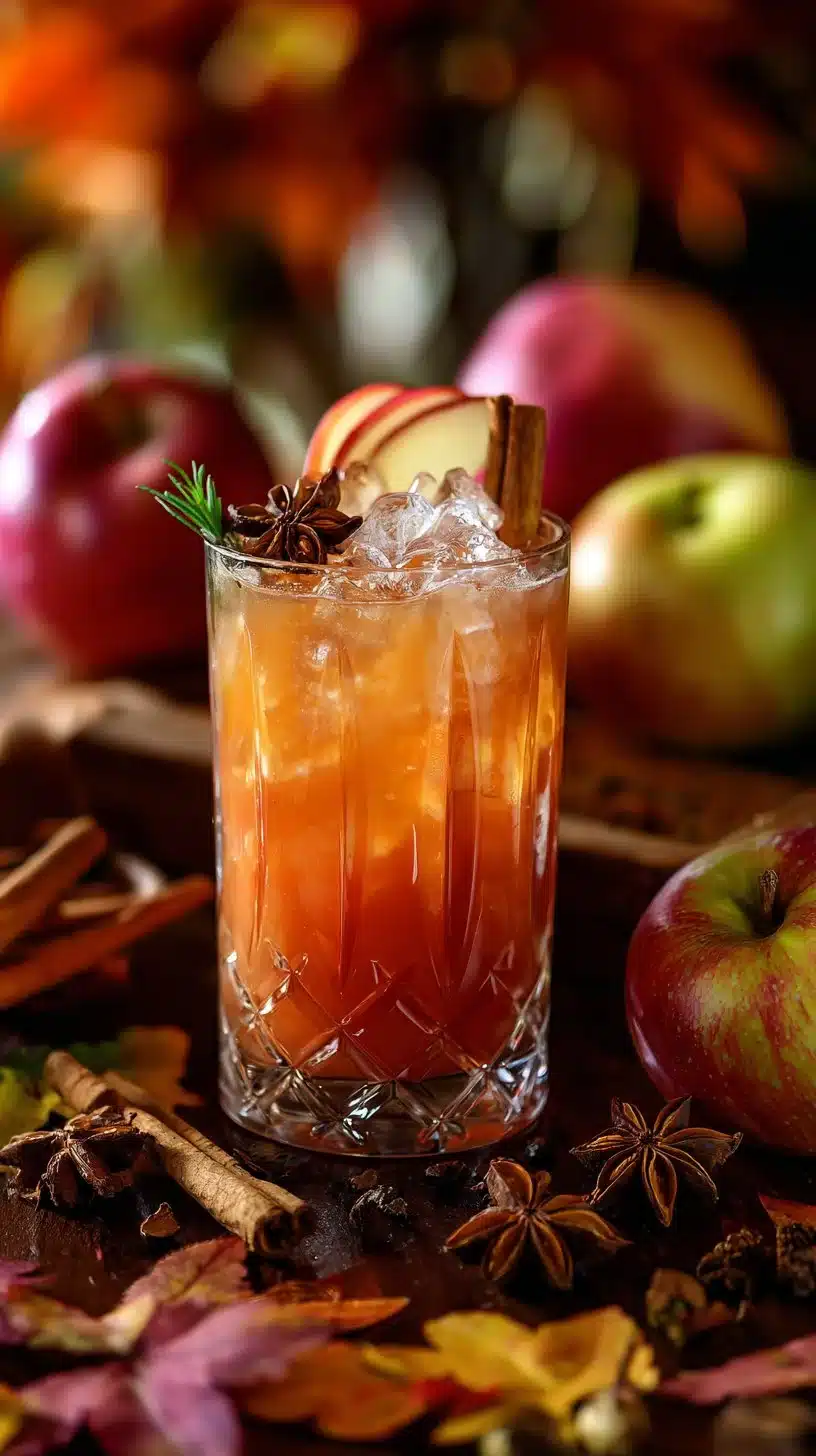 Delicious fall mocktail served in a festive glass with seasonal decorations.