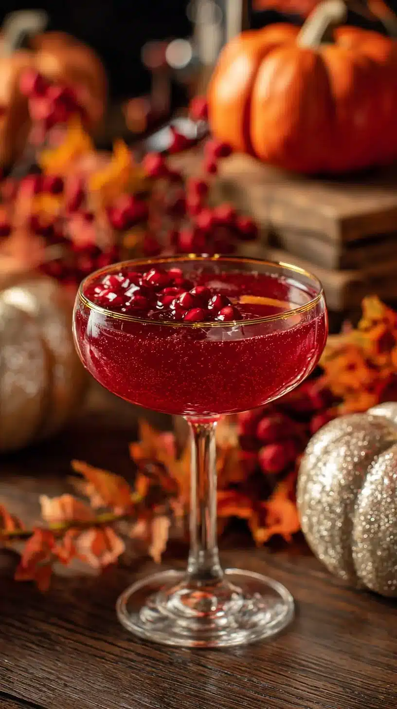 A refreshing fall mocktail in a glass with autumn leaves and spices around it.