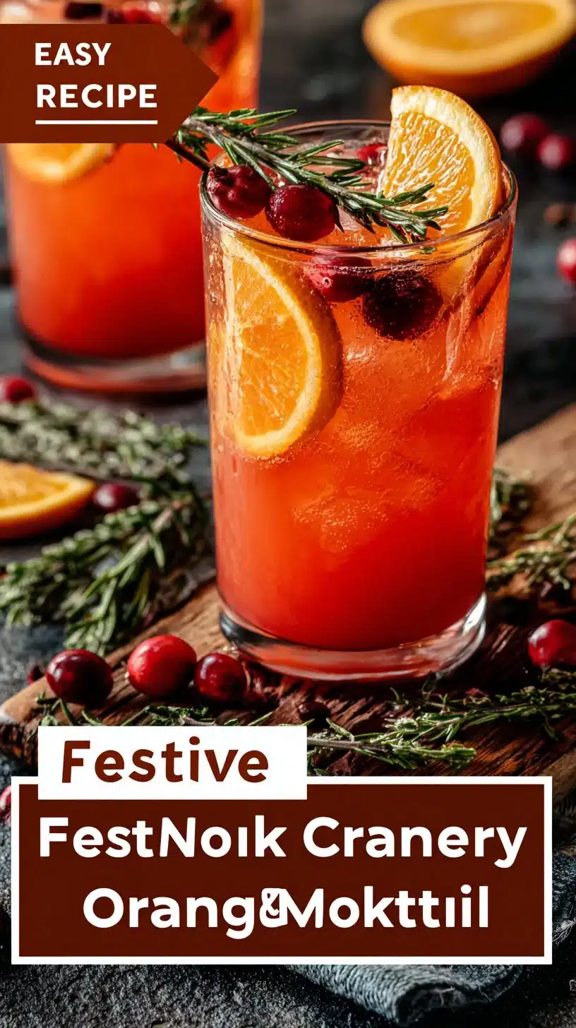 Festive cranberry orange mocktail served in a glass with fresh cranberries and orange slices.