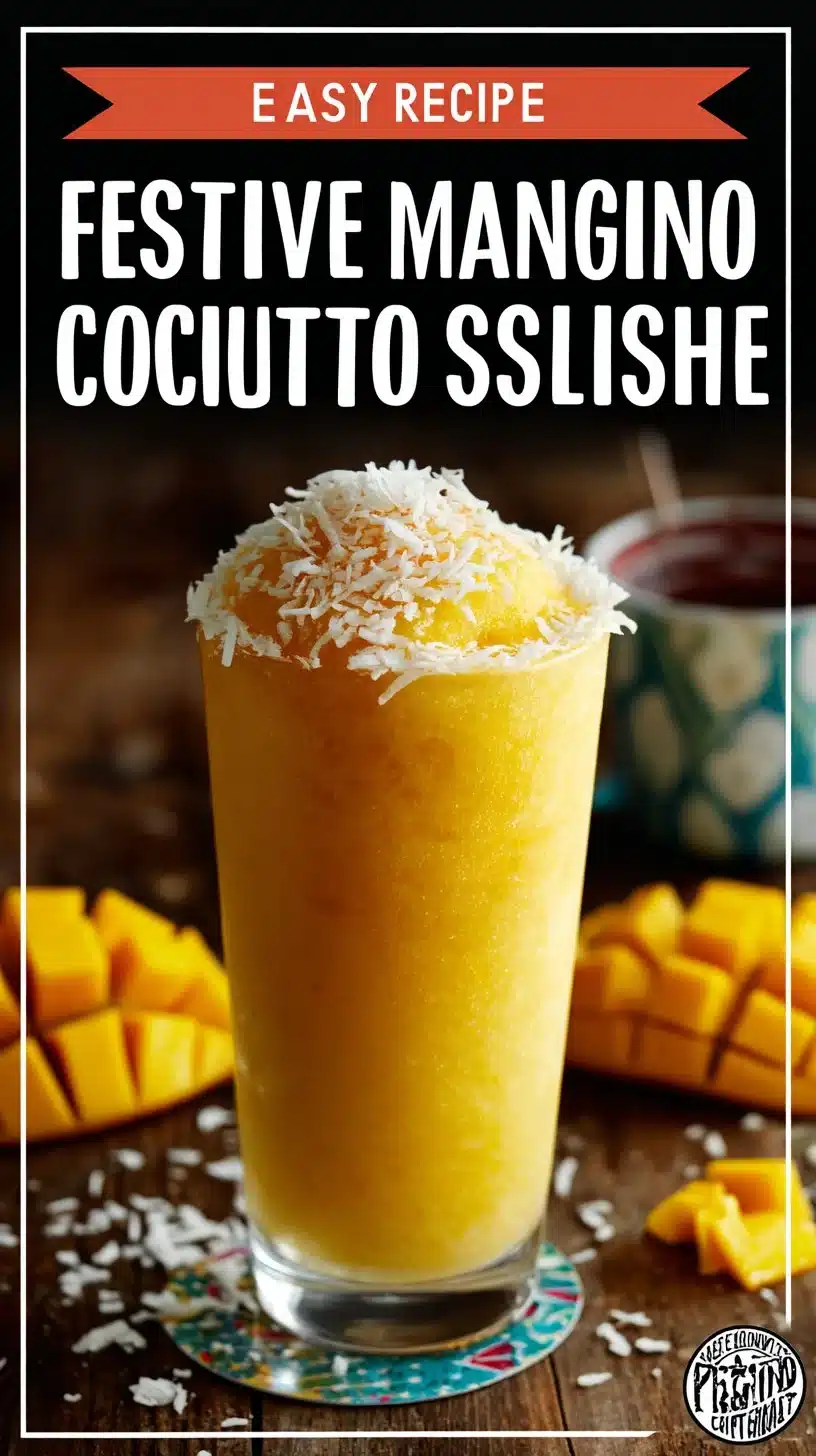 Refreshing festive Mango Coconut Slushie in a tropical setting.
