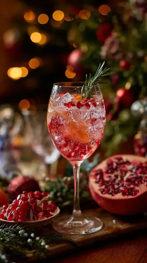 Festive Pink Gin Spritz cocktail garnished with citrus and berries