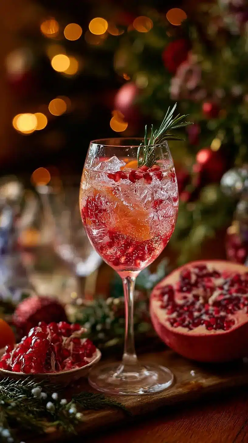 Festive Pink Gin Spritz cocktail garnished with citrus and berries