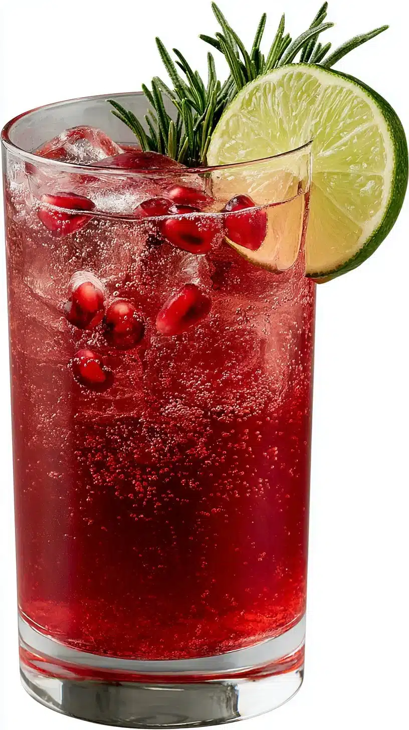 Festive red mocktail garnished with fresh fruit and herbs