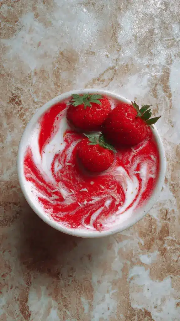 Delicious frozen strawberry coconut swirl dessert in a bowl