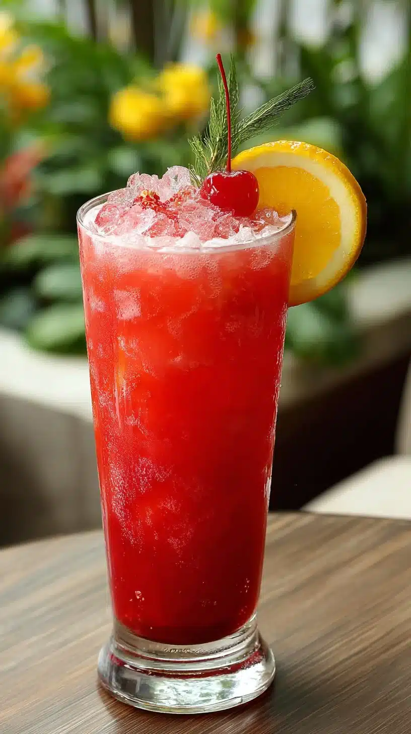 Colorful Fruit Punch Mocktail served in a glass with fresh fruits