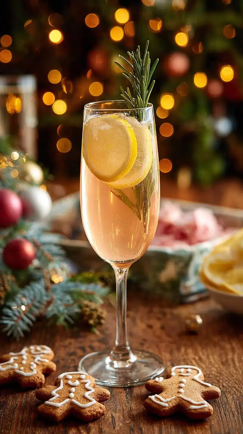 Festive Gingerbread Prosecco Spritz cocktail garnished with spices and greenery