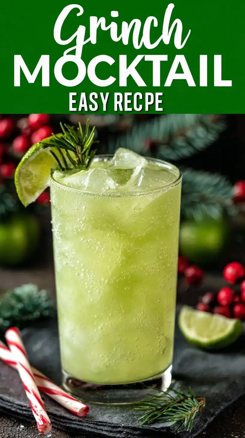 Festive Grinch Mocktail in a glass with holiday decorations