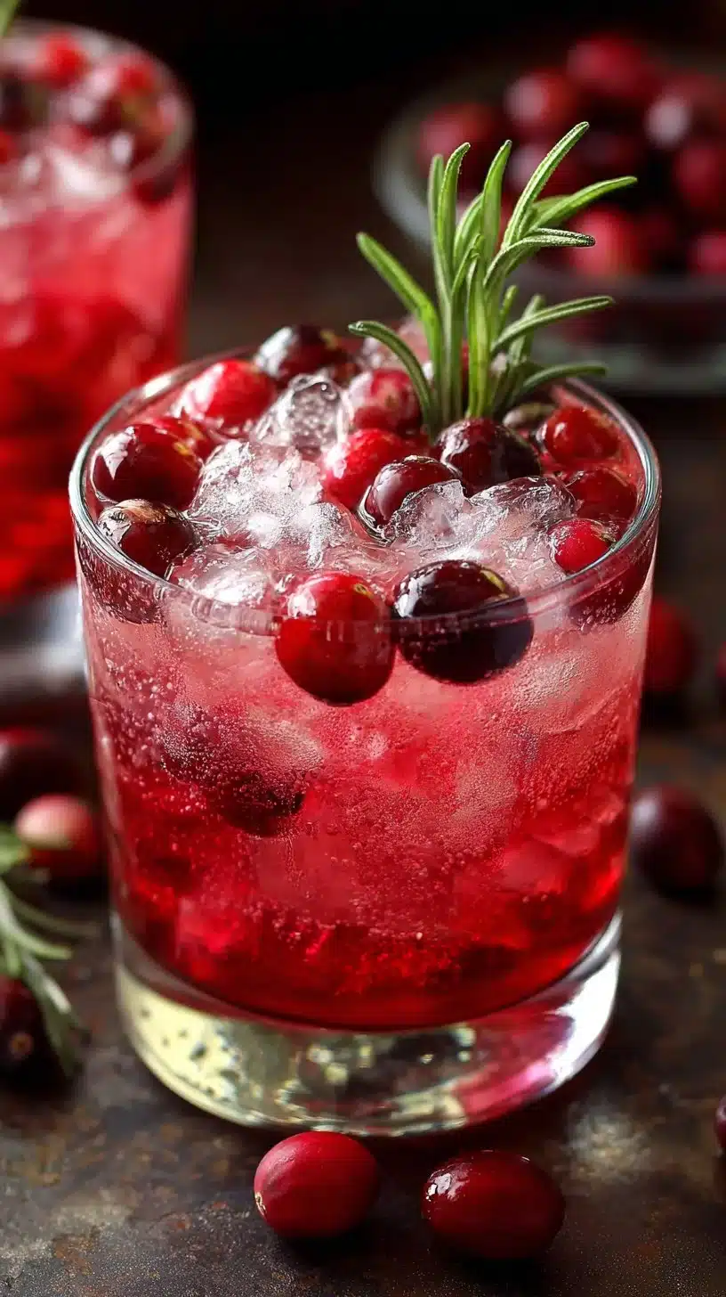Holiday Cranberry Fizz mocktail served in a festive glass with cranberries and mint.