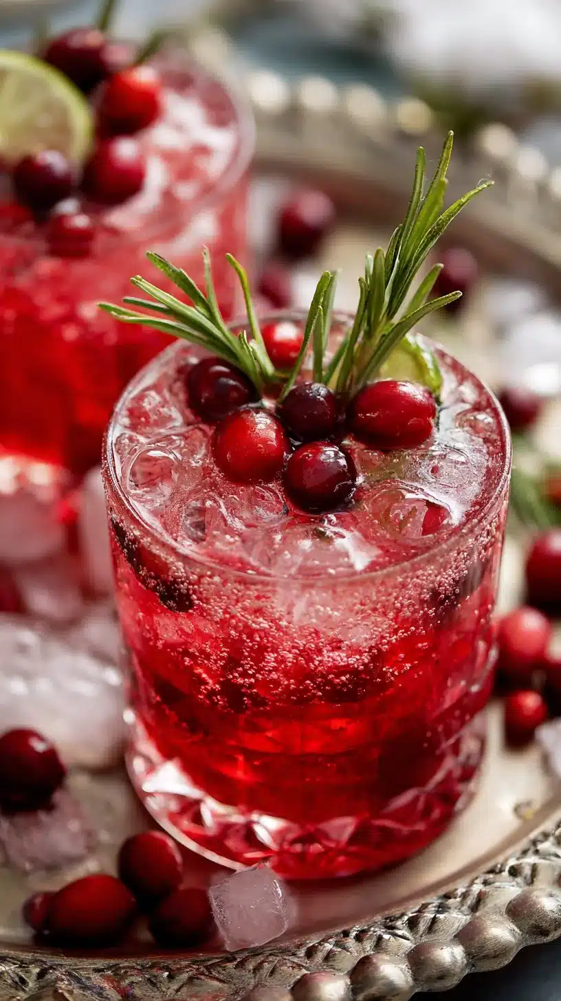Festive Holiday Cranberry Fizz Mocktail in a glass with garnish