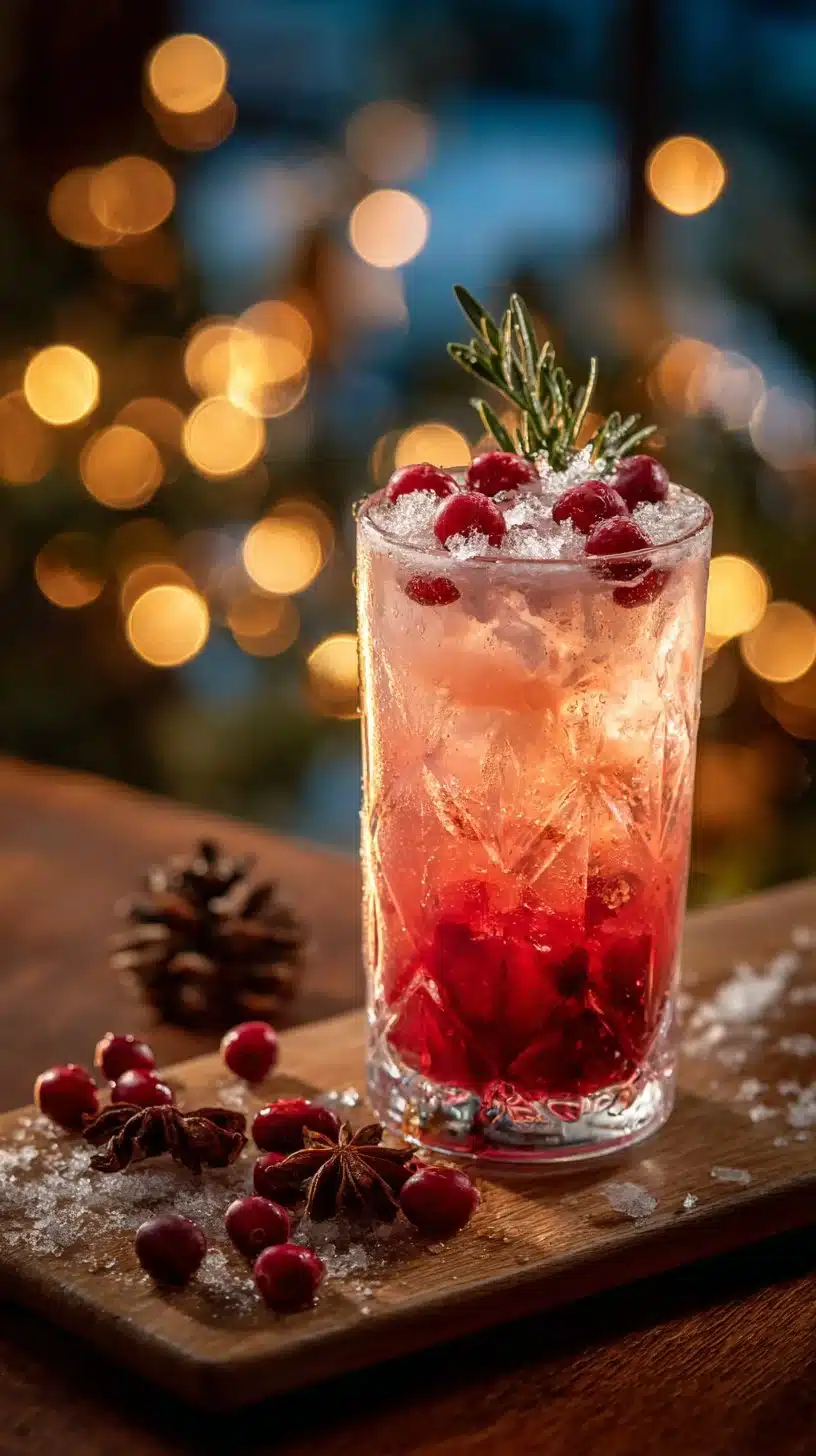 A vibrant Holiday Glow Mocktail garnished with seasonal fruits and herbs.