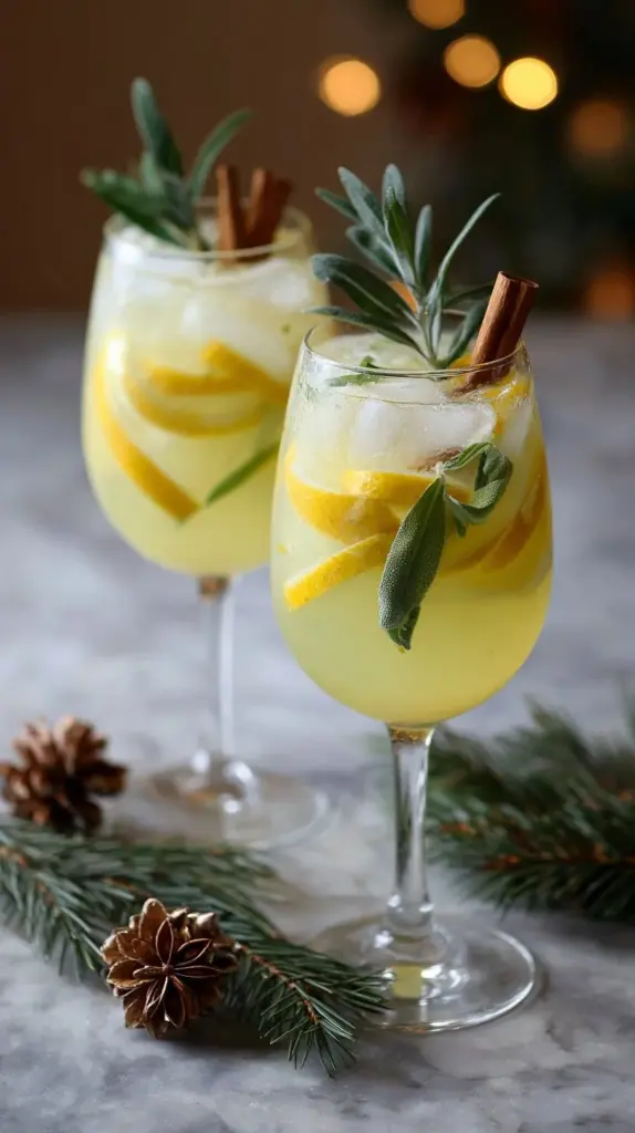 Holiday Lemon Spritz Mocktail with lemon slices and mint garnish