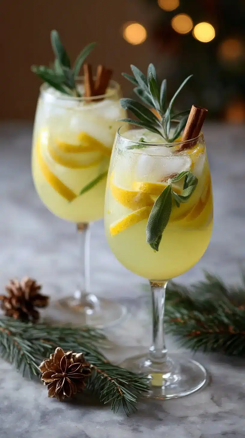 Holiday Lemon Spritz Mocktail with lemon slices and mint garnish
