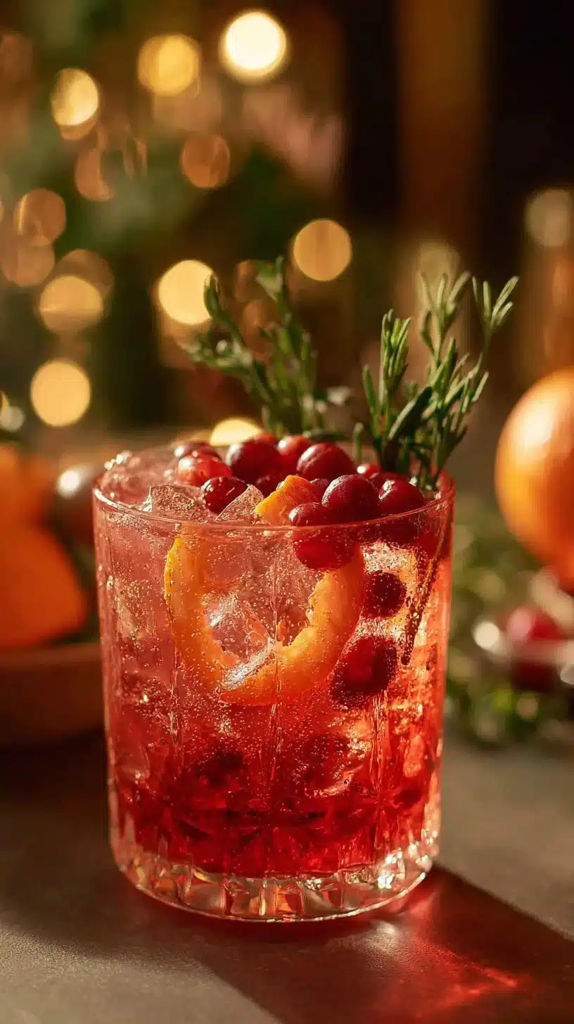 Delicious Holiday Spritz cocktail garnished with festive fruits