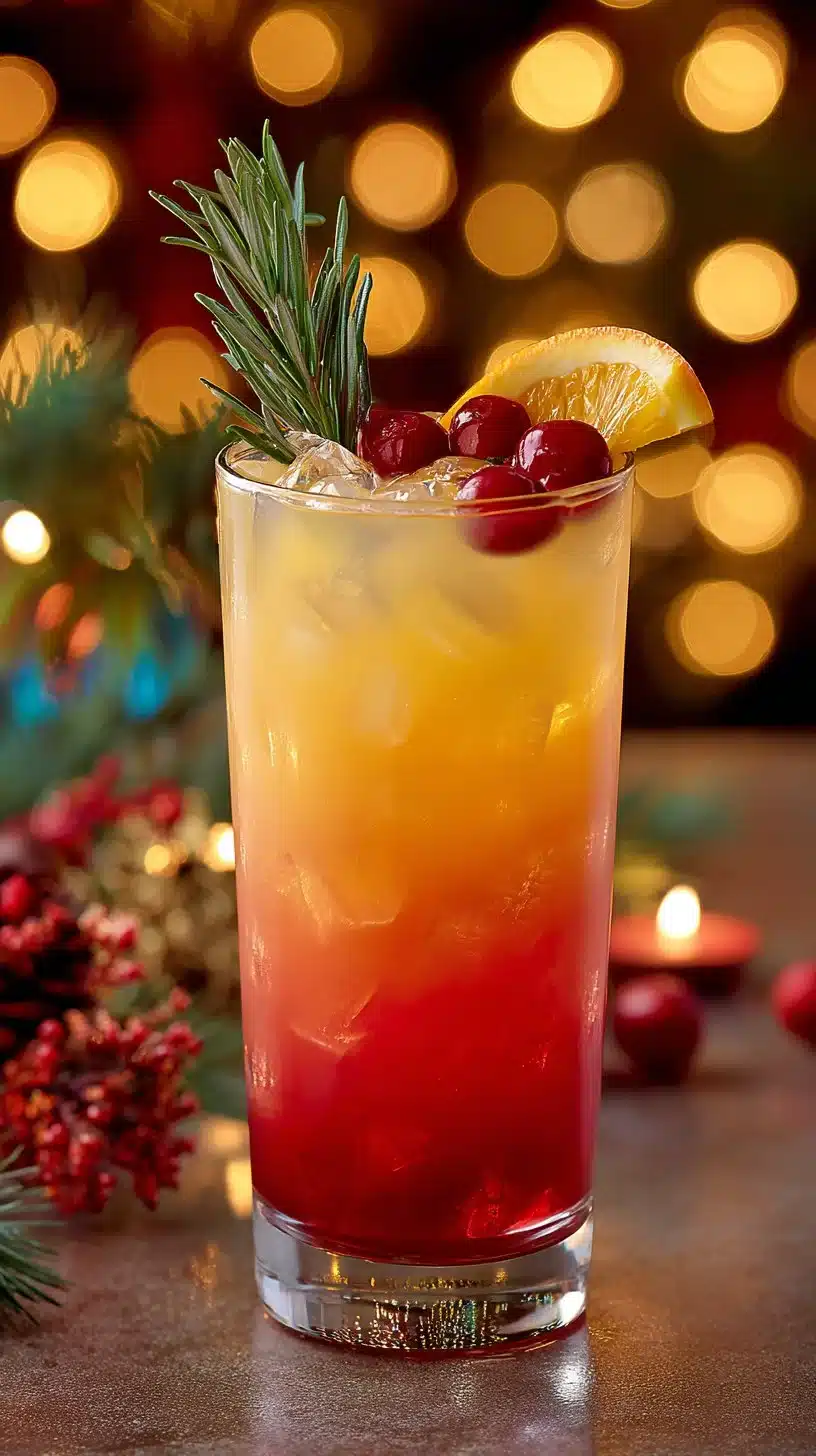 Colorful Holiday Sunrise Mocktail garnished with fruits for festive celebrations