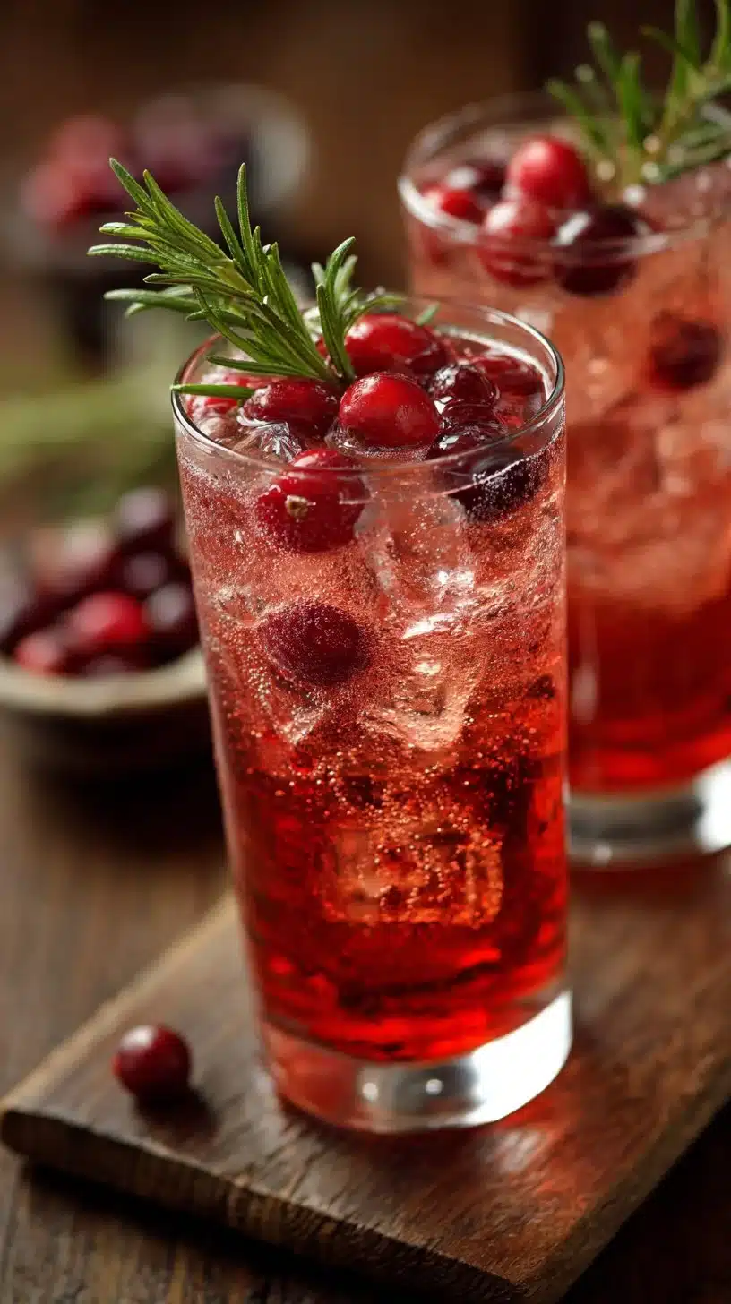 Delicious Hot Cranberry Sparkler Mocktail in a festive glass with cranberries.