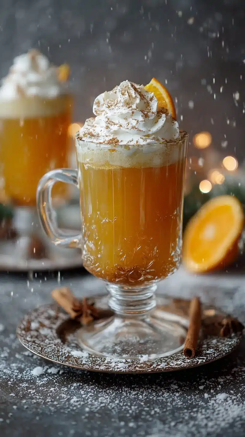 A steaming cup of hot spiced citrus tea mocktail with vibrant citrus fruits and spices