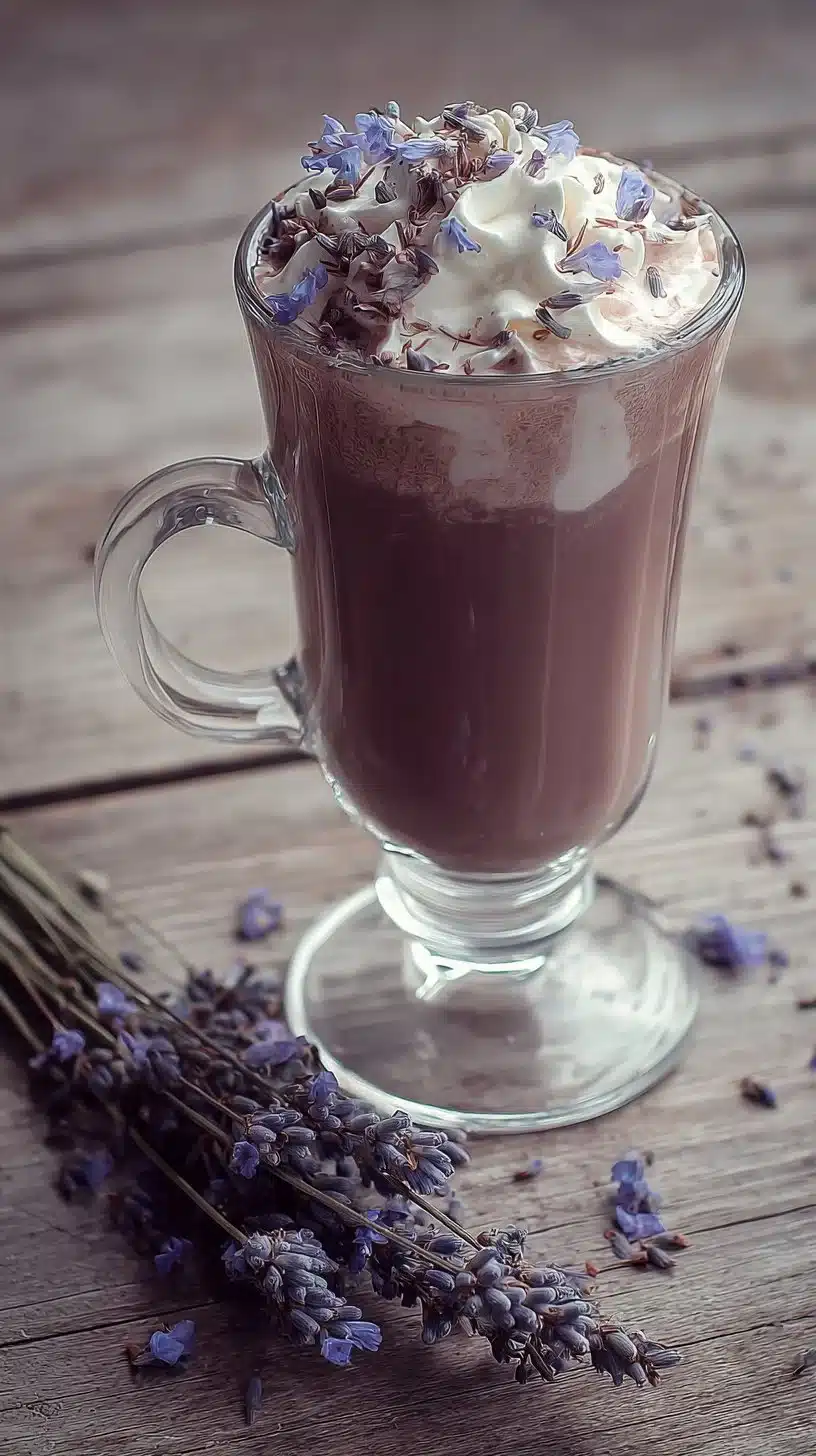 Iced Lavender Hot Chocolate topped with lavender flowers and whipped cream