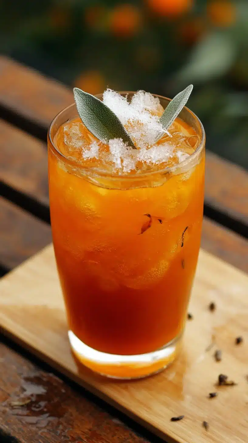 Iced pumpkin spice mocktail in a glass with fall decorations
