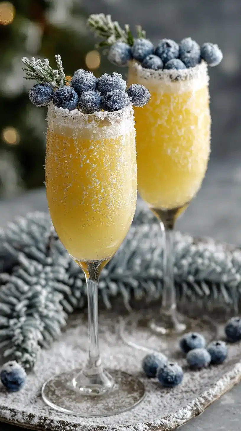 A refreshing Jack Frost Mimosa cocktail served in a glass with festive decorations.