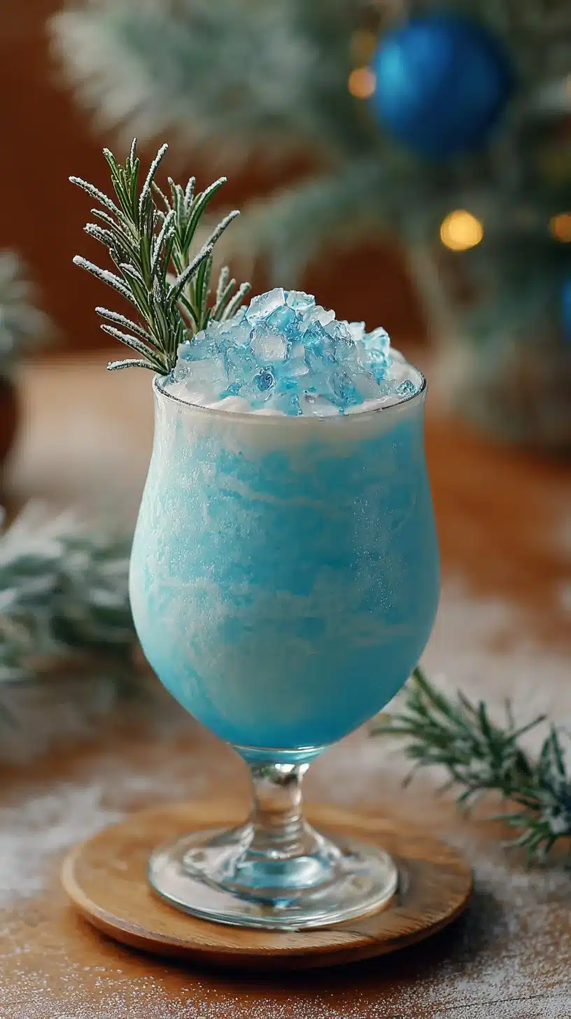 Jack Frost Winter Mocktail served in a glass with winter decorations
