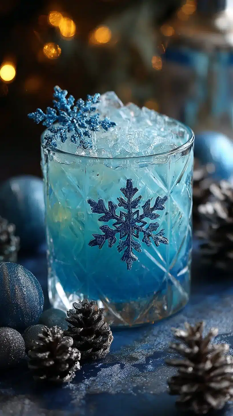 Jack Frost Winter Mocktail served in a glass with a winter-themed background.