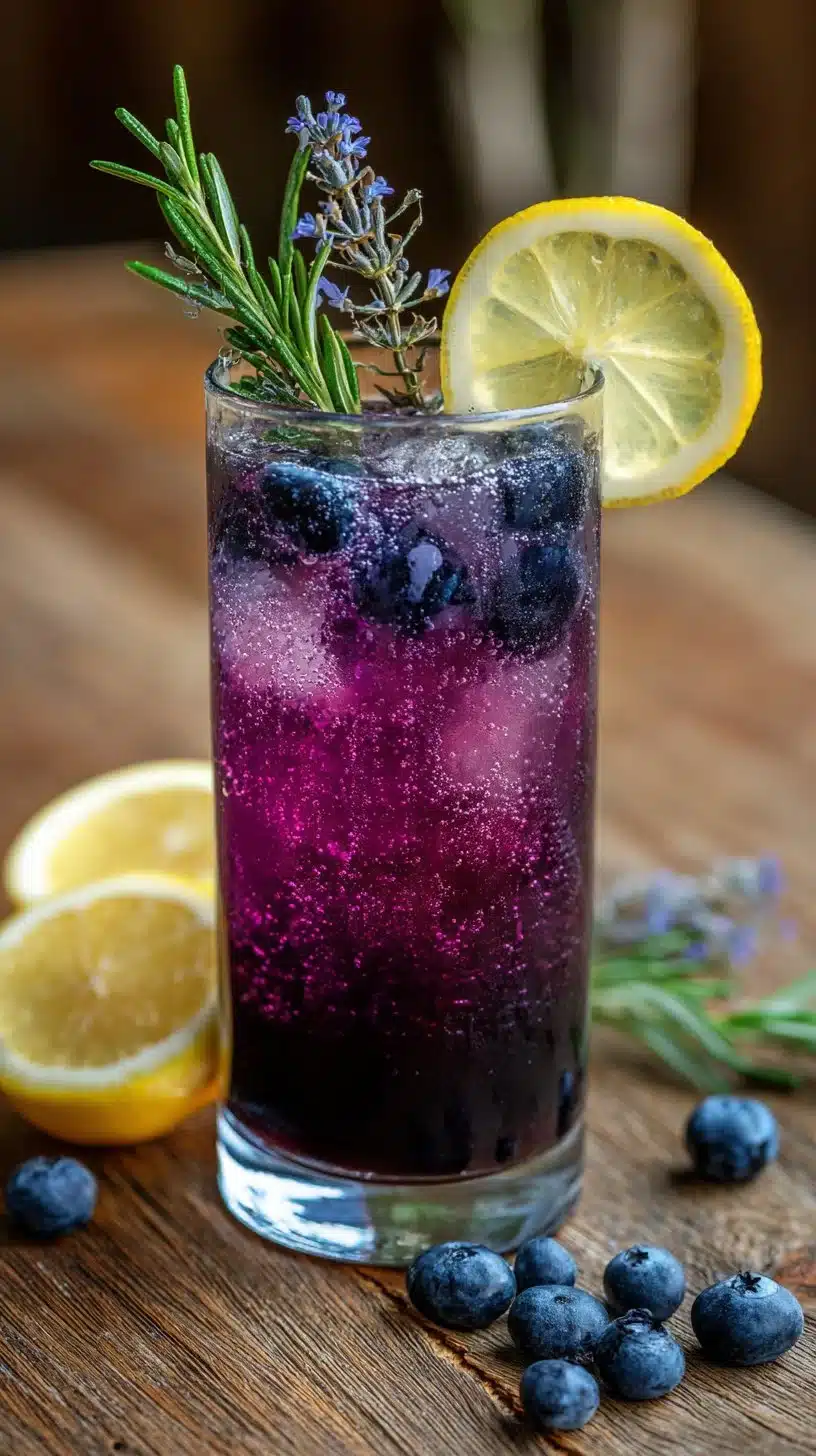Lavender Blueberry Lemonade Mocktail served in a glass with garnishes