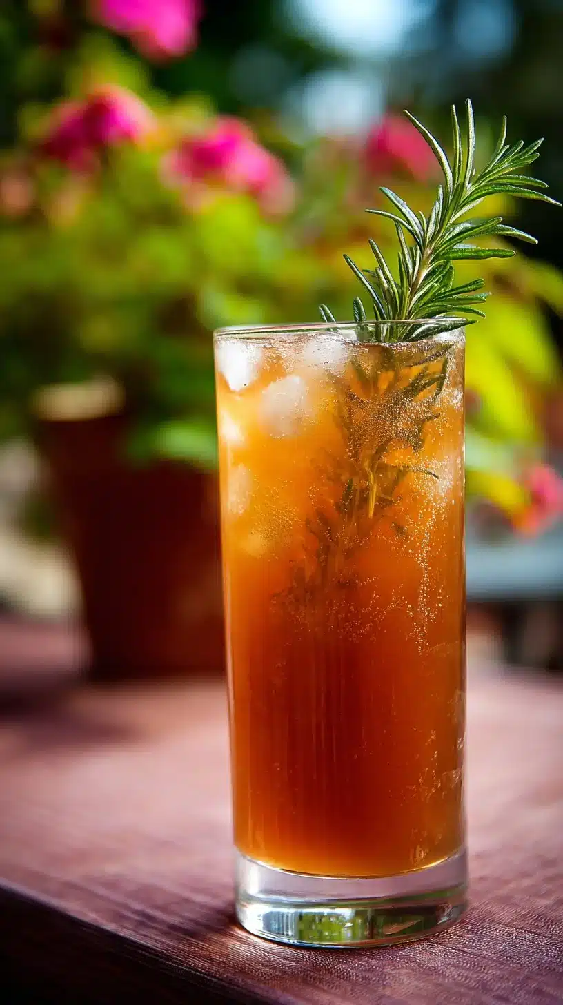 Glass of lavender honey iced tea mocktail garnished with lavender sprigs