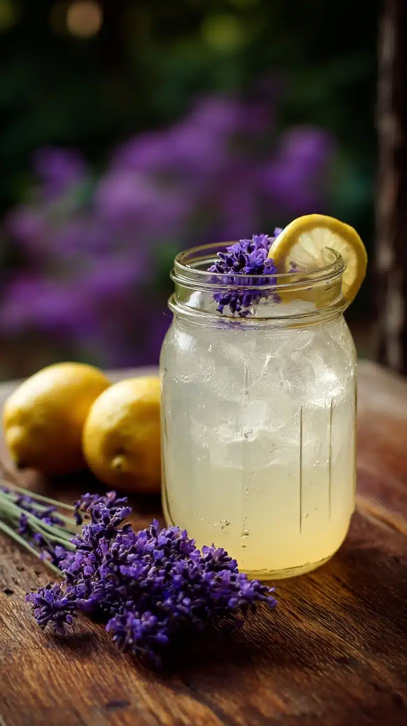 Refreshing lavender lemonade mocktail served in a glass with lemon slices and flowers