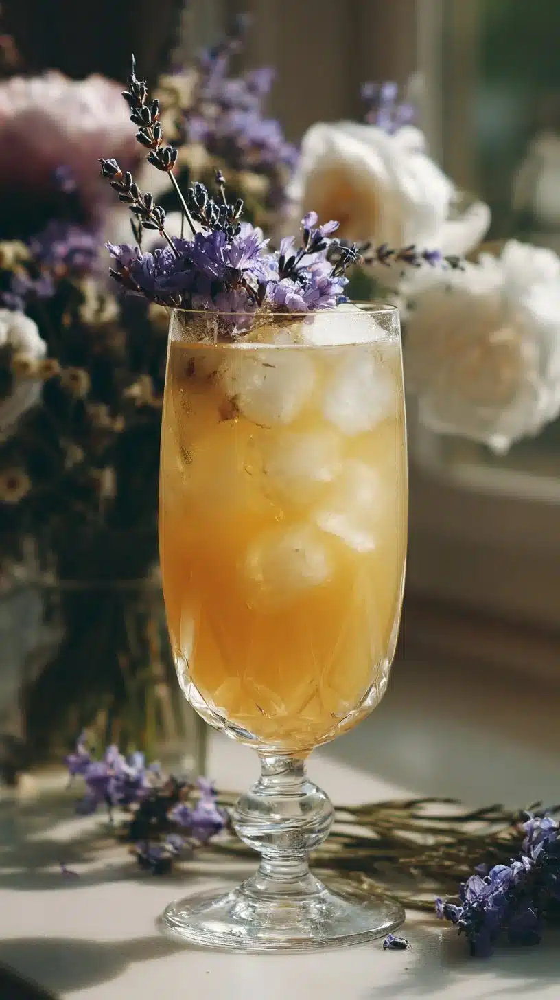 A refreshing Lavender Vanilla Cream Soda mocktail served in a glass with ice.