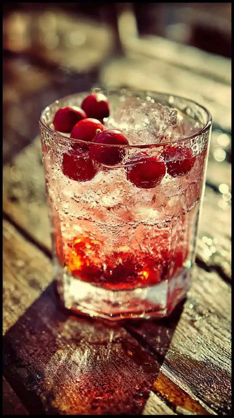 Refreshing Maple Cranberry Cooler in a glass served with ice and cranberries.