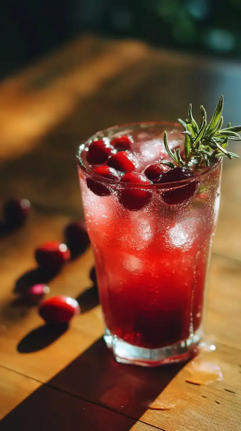 Glass of Maple Cranberry Mocktail garnished with cranberries and mint leaves