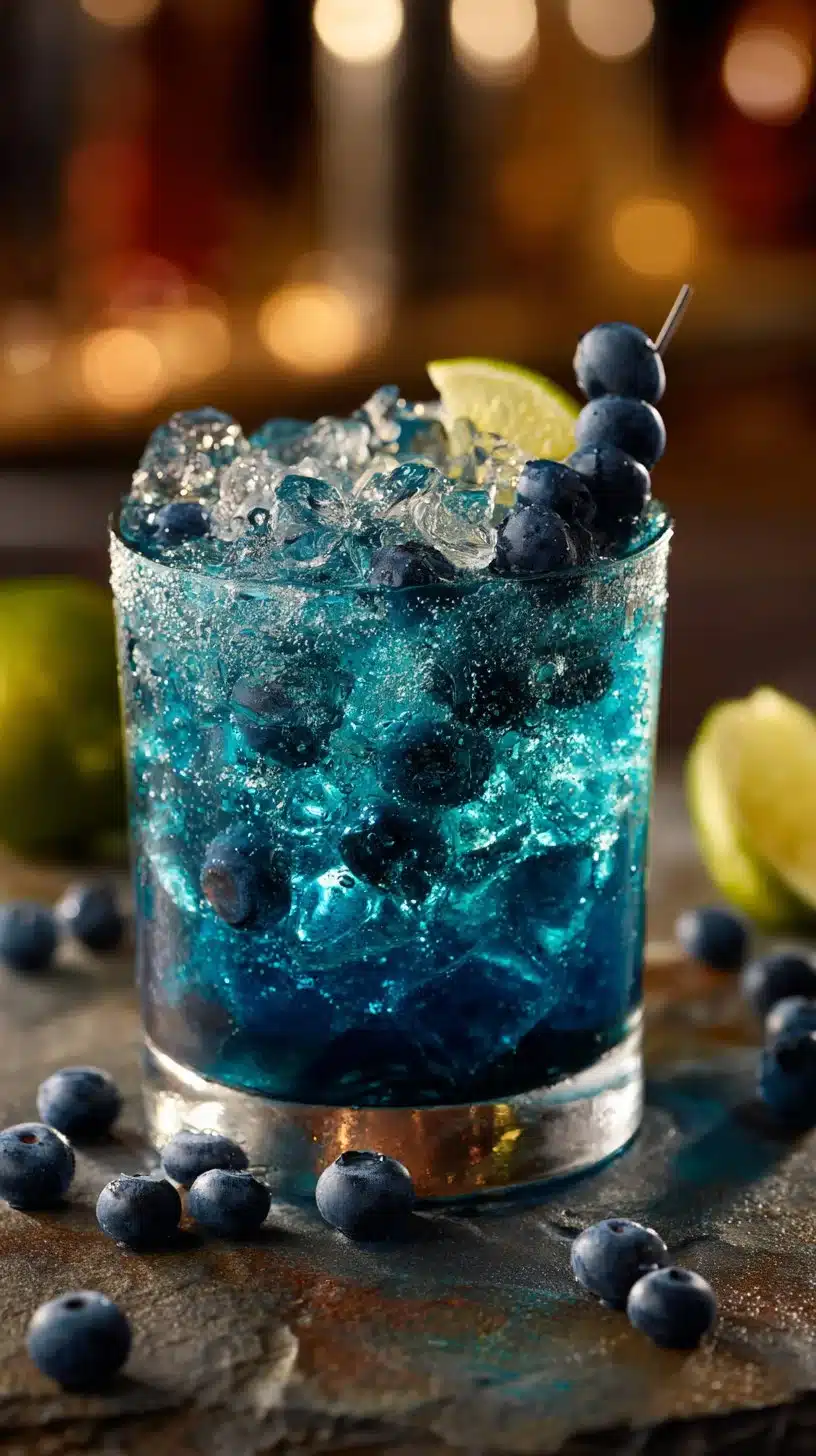 A refreshing Midnight Blue Spritz cocktail served in a glass with garnishes.