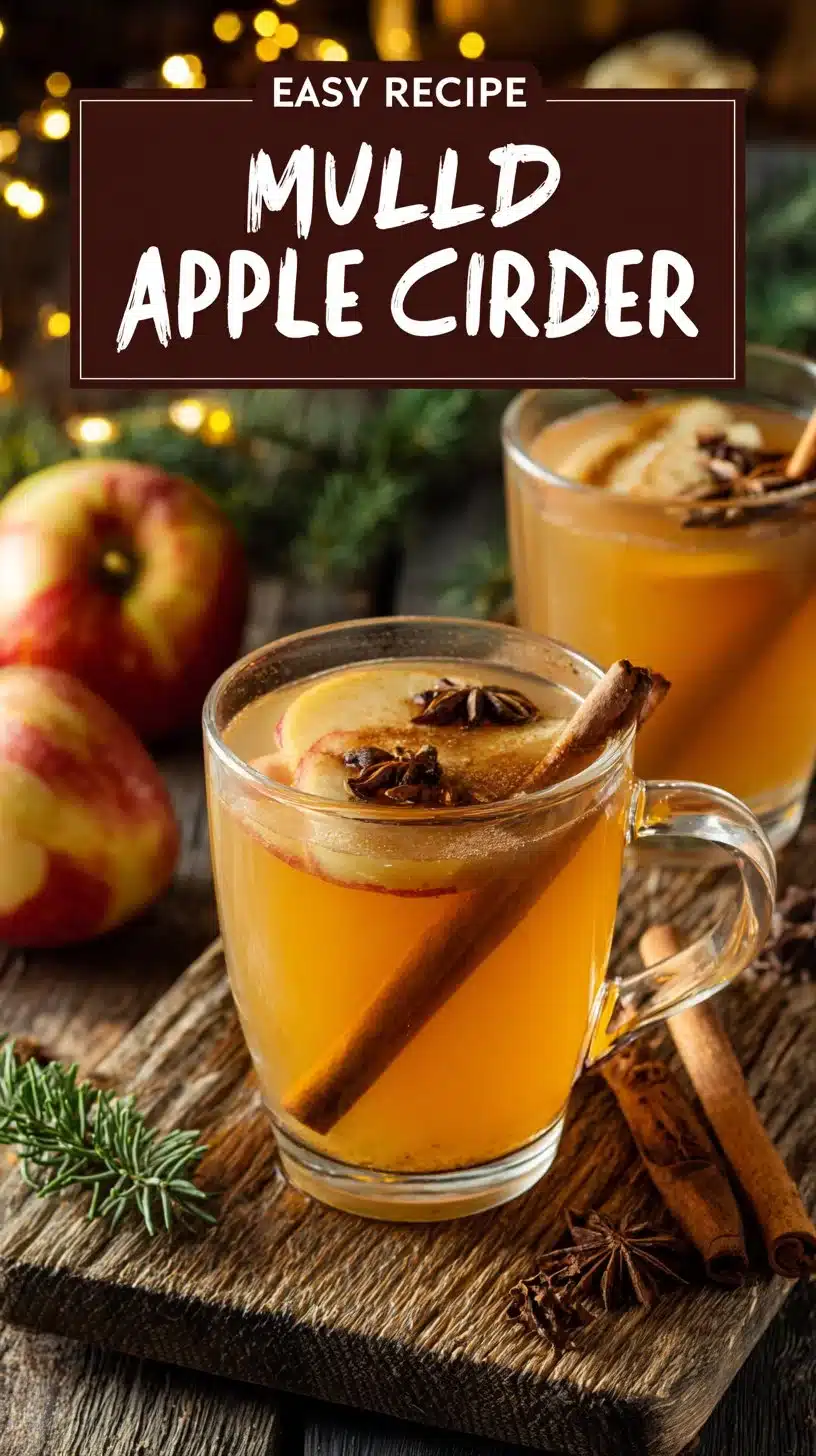 A steaming cup of mulled apple cider with spices and apple slices