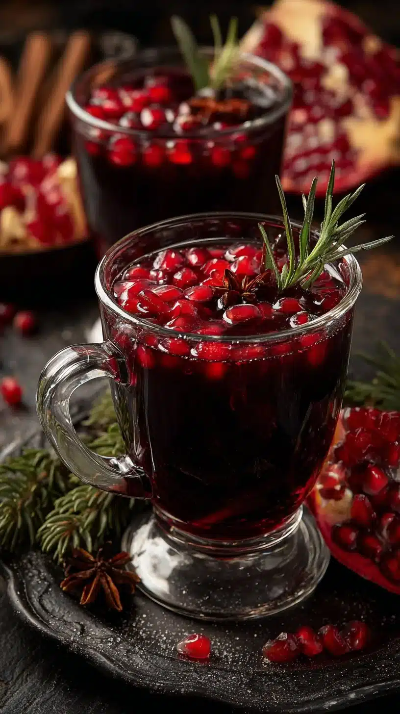 Mulled pomegranate and cranberry drink in a festive glass