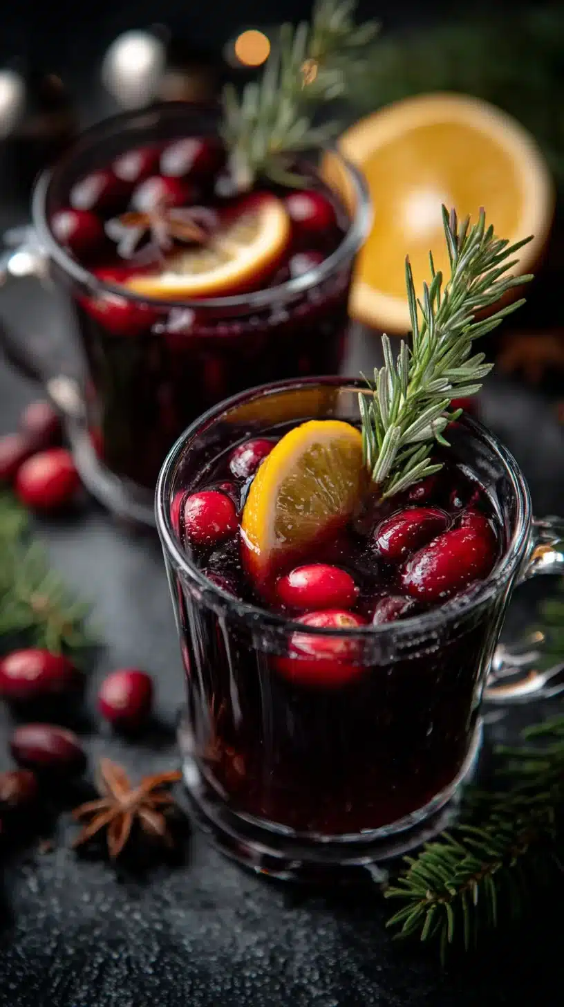 Delicious mulled wine mocktail garnished with spices and fruit.