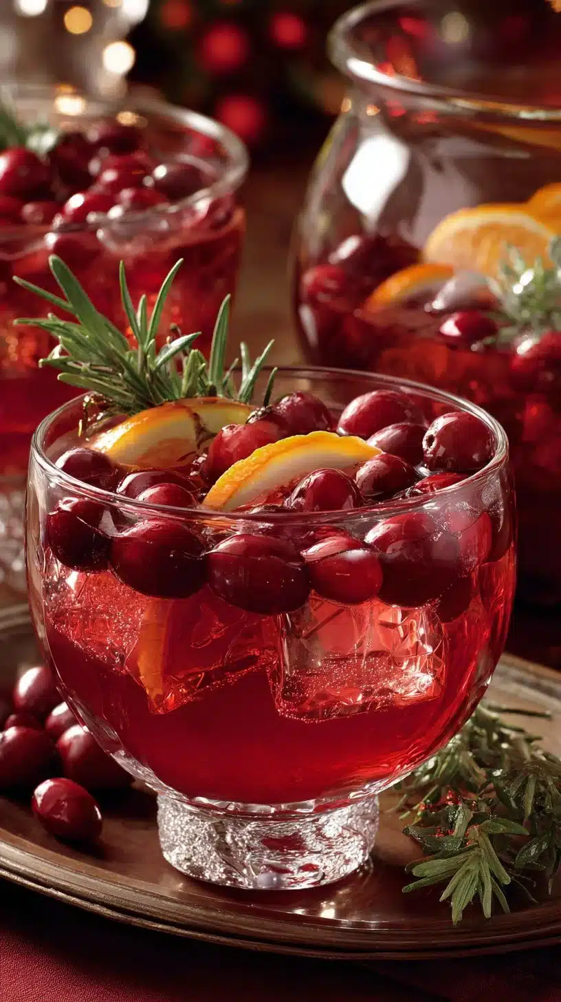 Bowl of vibrant Non Alcoholic Christmas Punch garnished with fruit slices