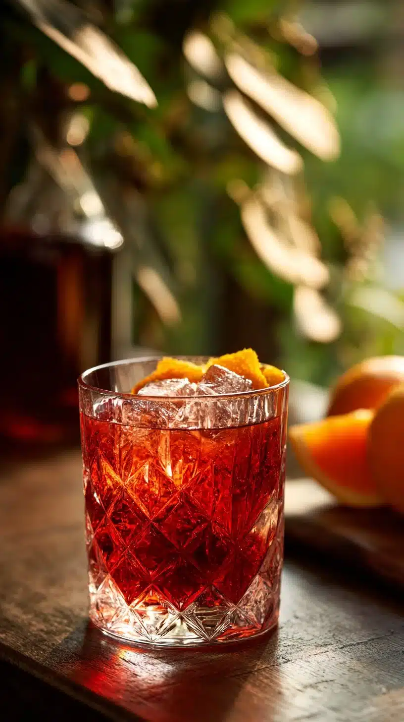Non alcoholic negroni cocktail served in a stylish glass with garnish.