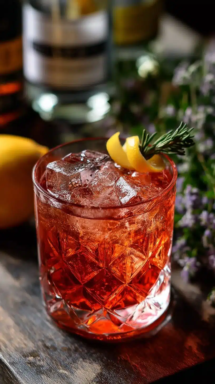 Non Alcoholic Negroni cocktail served in a glass with garnishes