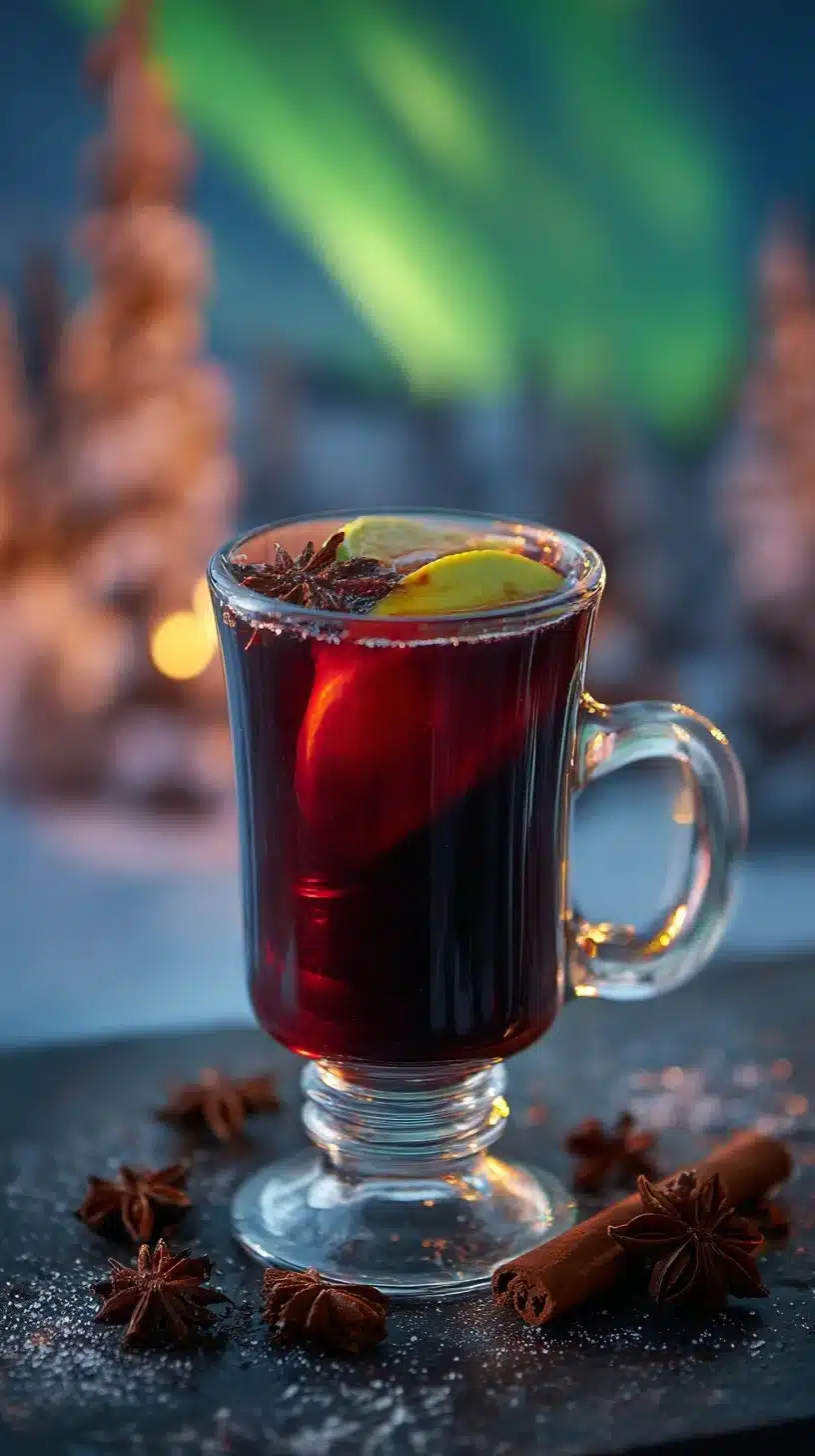 A steaming mug of Northern Lights Hot Punch, perfect for winter festivities.