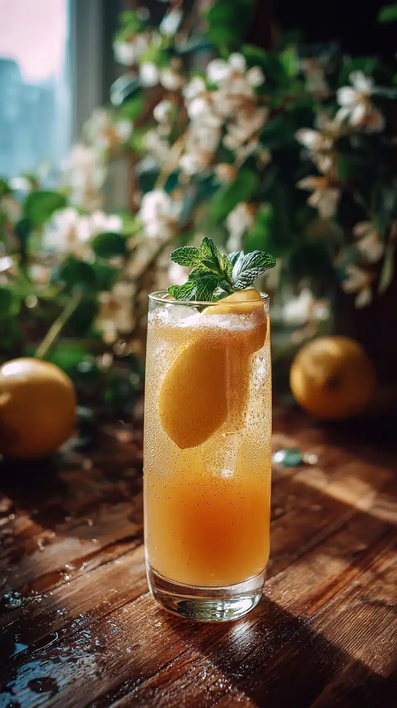 Sparkling Pear and Ginger Fizz mocktail in a glass with garnishes